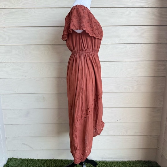 J. GEE Rust Eyelet Off Shoulder Midi Dress Women’s Size S 100% Cotton - Picture 2 of 8